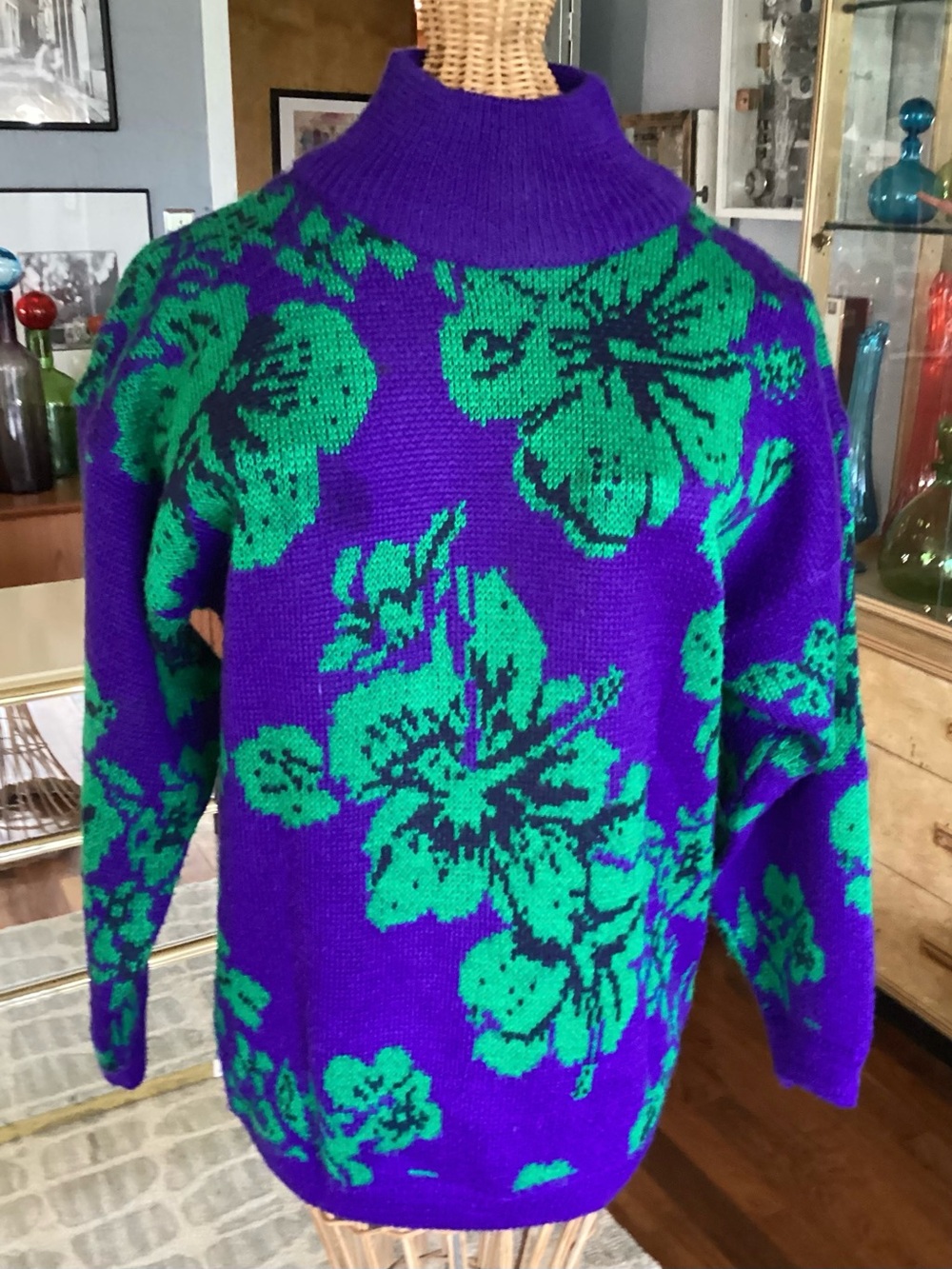 1980’s Esprit Purple Turtleneck Sweater with Green Floral Jacquard